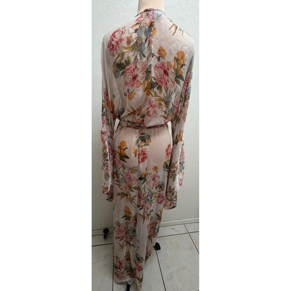 Aakaa Floral Maxi Robe Kimono Duster Bell Sleeve Pink Chiffon M Boho Coverup - Picture 2 of 4